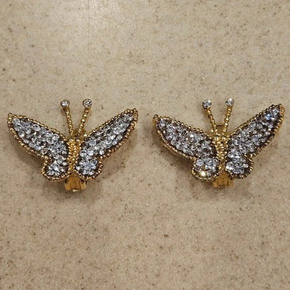 RARE HAUTE COUTURE DESIGNER SIMAN TU BUTTERFLY CRYSTAL GOLD STATEMENT EARRINGS - Picture 1 of 12